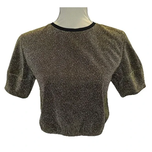 Forever 21 Gold Shimmer Puff Sleeve Crop Top Dress Shirt Size S Sparkle Glam - Picture 2 of 12